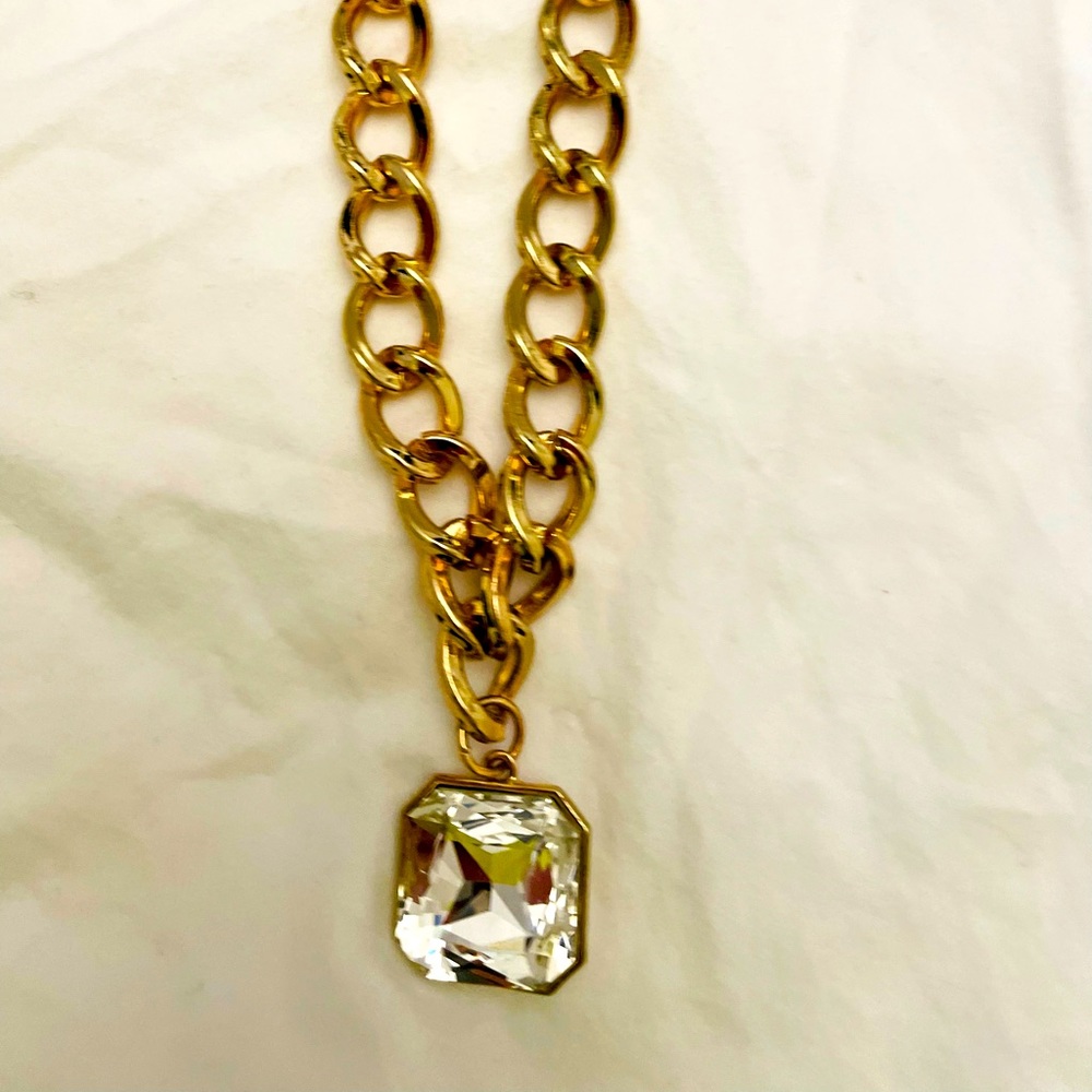 Gold link necklace with diamond rhinestone
